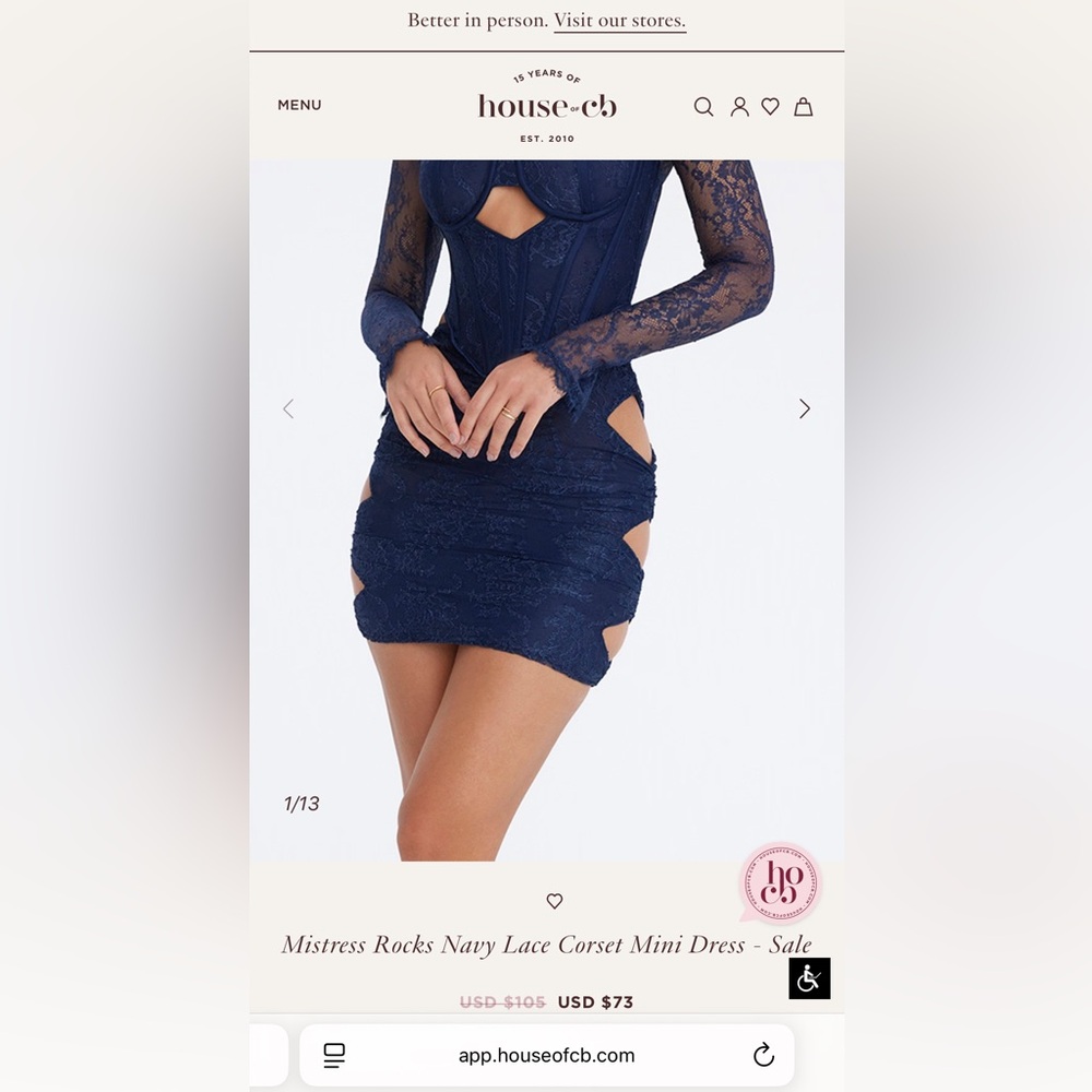 House of CB Navy Blue Lace Long Sleeve Corset Dress - Picture 2 of 3
